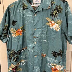 28 Palms Hawaiian Style Mens XL Short Sleeve Teal Tropical Floral Palms #77